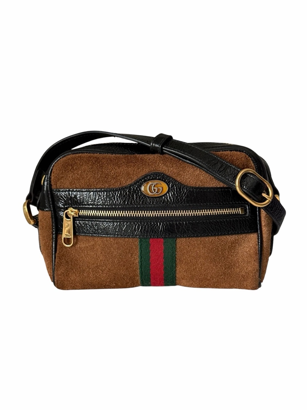 Gucci Ophidia Sherry Crossbody Bag – Brown Suede & Patent Leather w/ Web Stripe